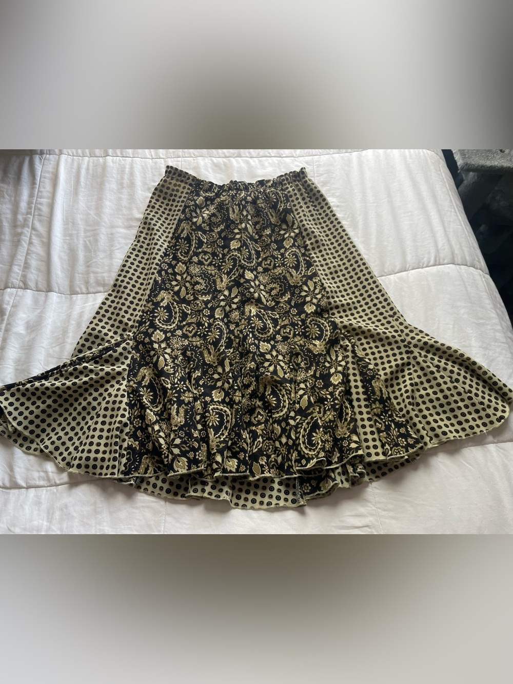 Green Black Floral Polka Dot Patchwork Ruffle Hem Midi Skirt Medium Goblincore